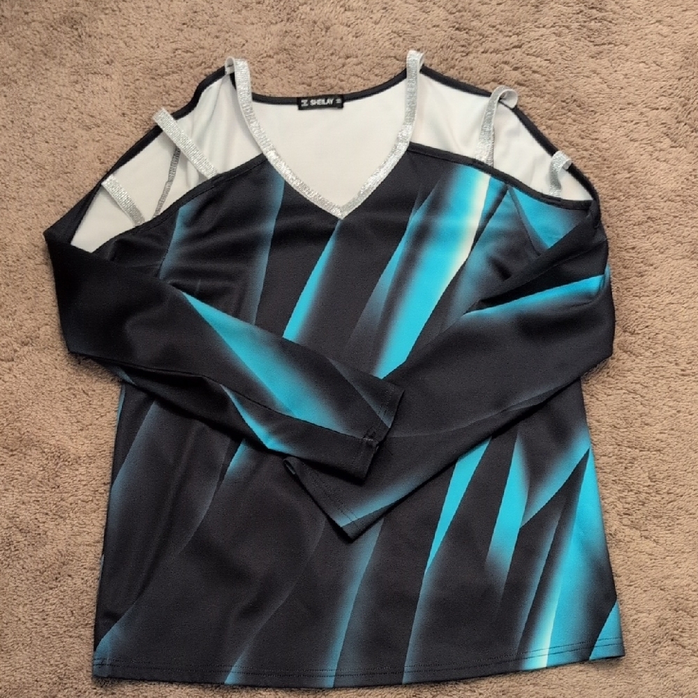 Xhilaration Black and Teal Blouse with Silver Trim